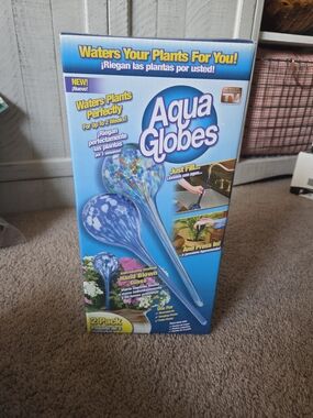 Aqua Globes Hand Blown Glass Plant Waterers - Blue Pattern (2 Pack) NEW